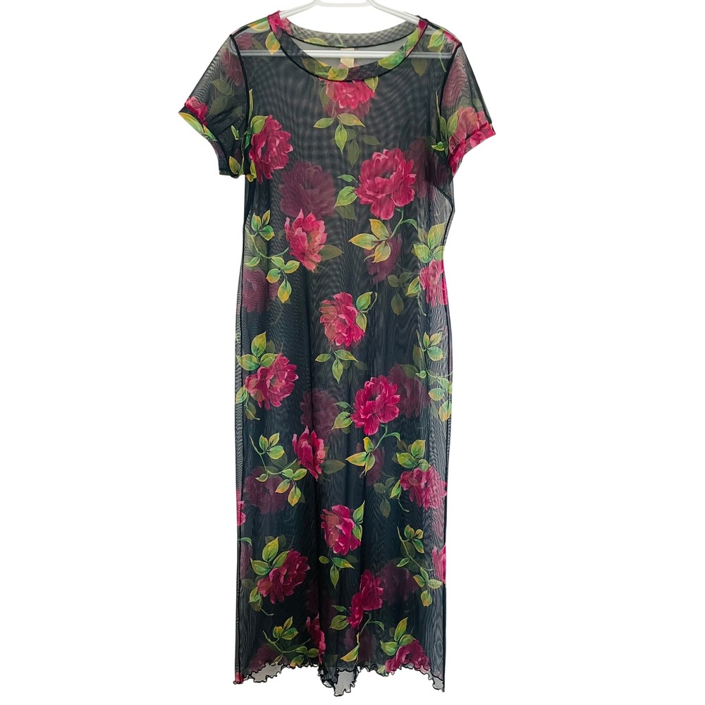 Vintage Y2K 90s Sheer Black Floral Mesh Maxi Dress Pink Peony Lettuce Hem Medium